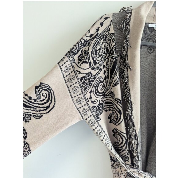 Sioni Paisley Jaquard Fringe Shawl Knit Sweater Cardigan - Picture 3 of 9